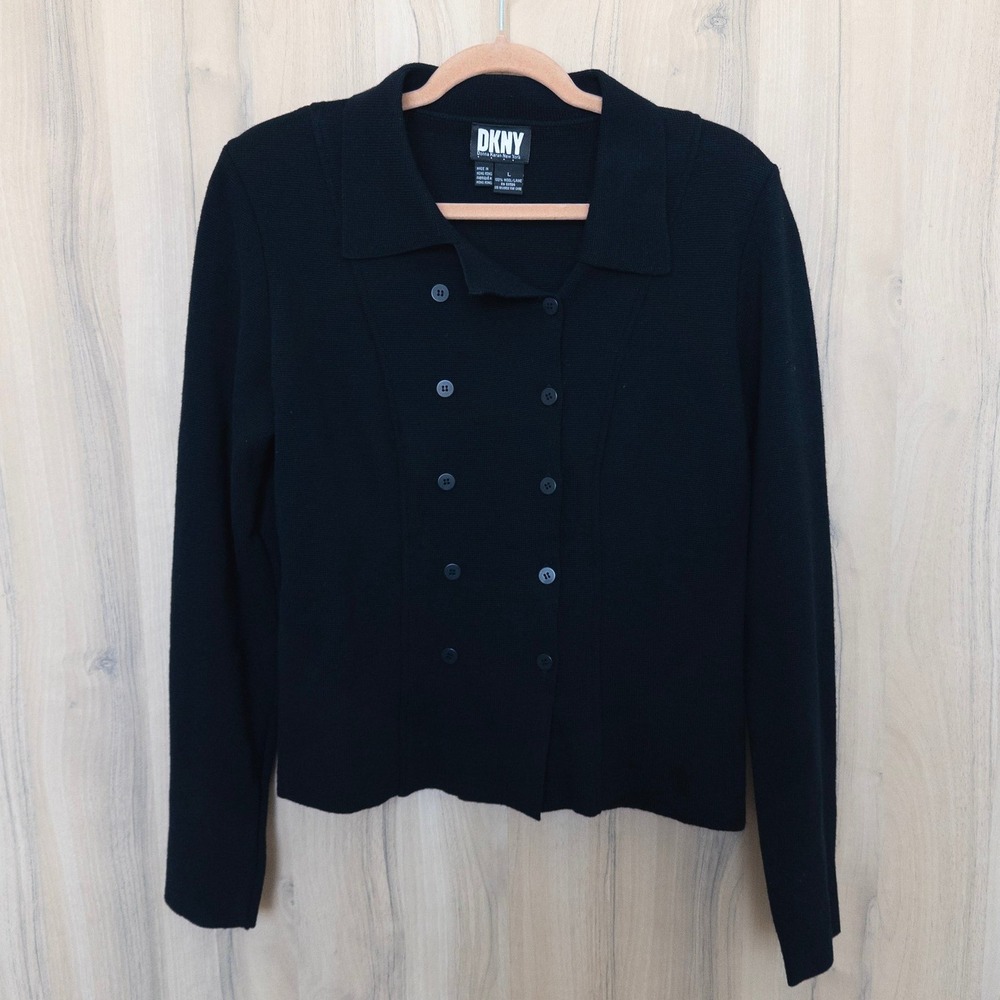 Vintage DKNY Women Wool Cardigan L Black Double Breasted Collared 90s Minimalist